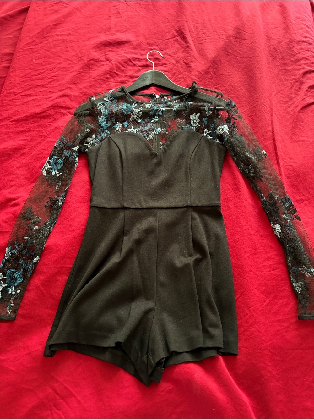 Black Romper with Sheer Embroidered Floral Sleeves